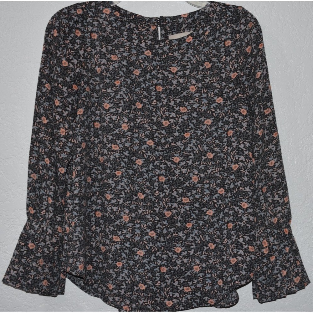 LOFT XSp Blouse Shirt Floral Long Sleeve Ruffle Keyhole Neck‎ Office Wear Preppy